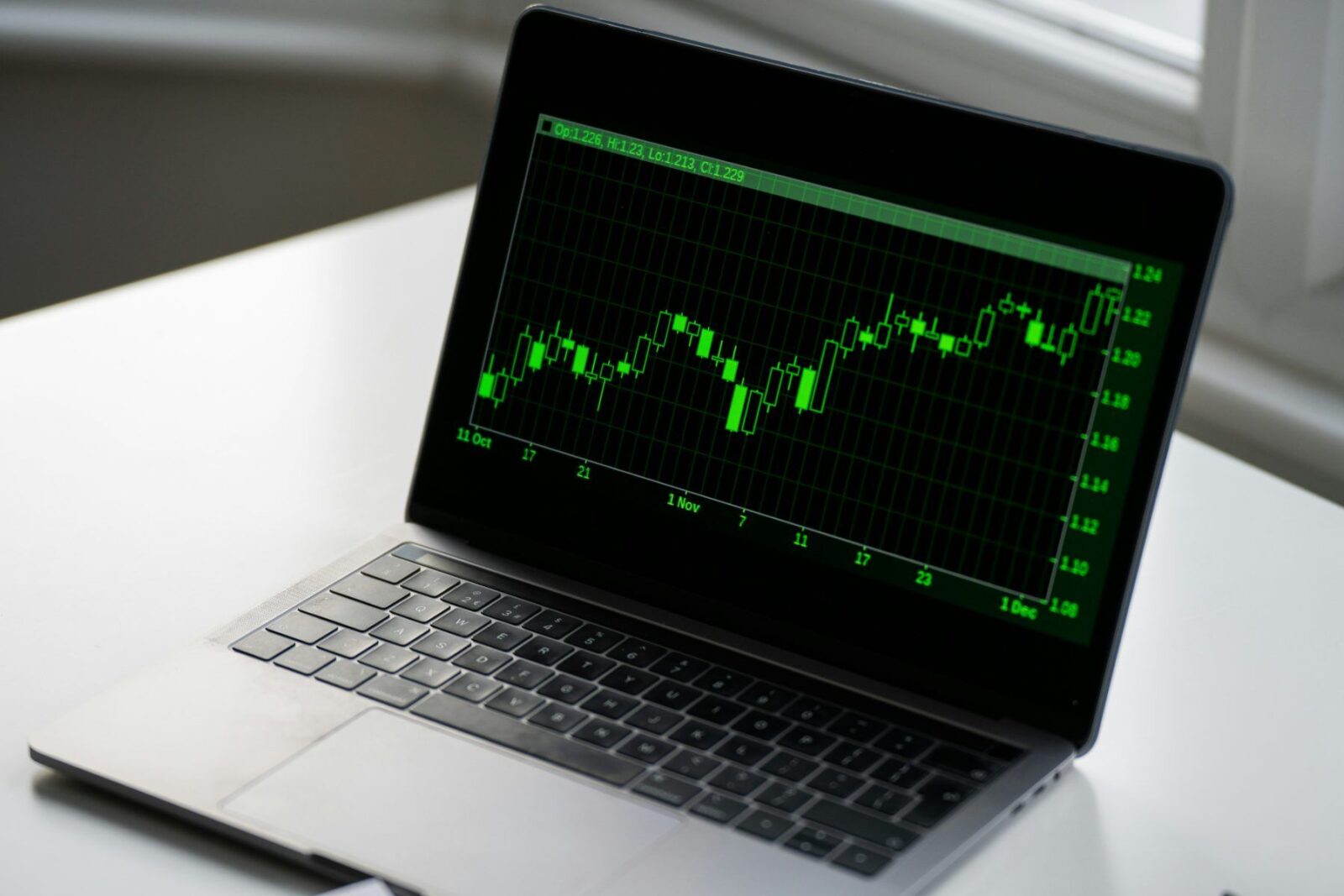 A laptop showing a stock market chart an index fund would track